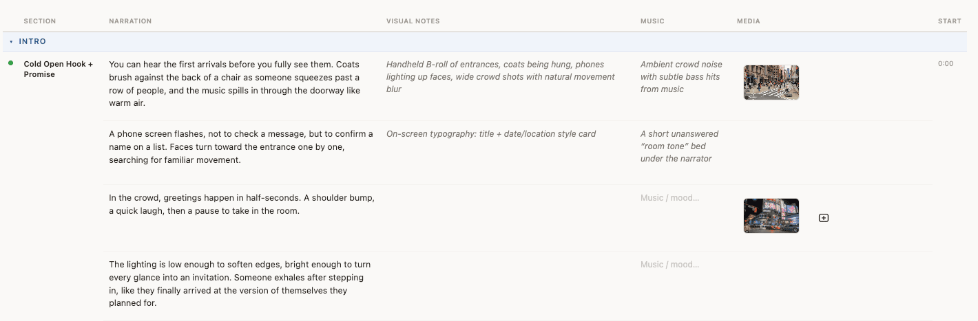 PrepVid script editor, structured sections with narration, visual notes, music, and media