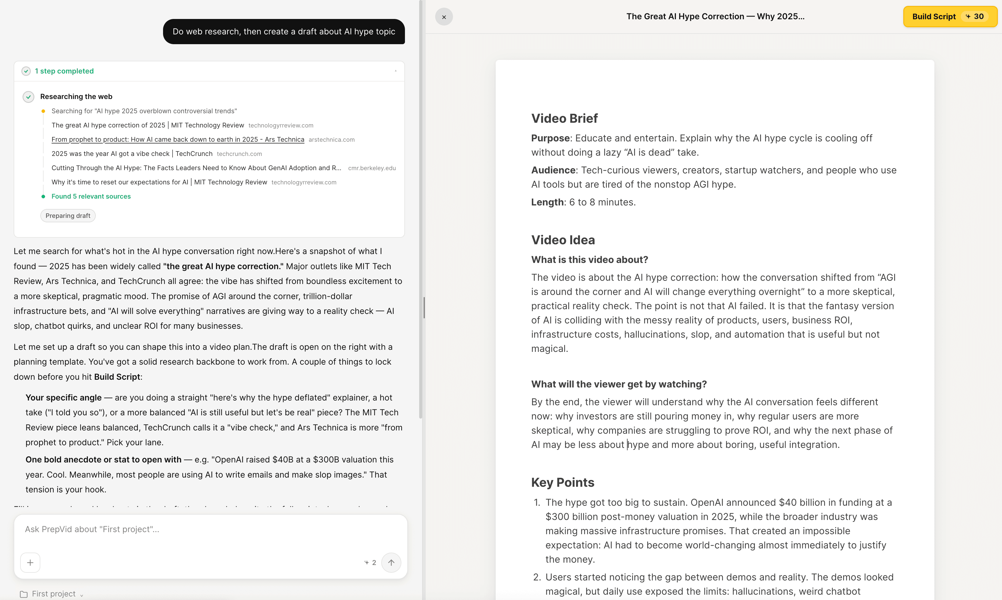 PrepVid creator agent researching the web while building a structured video brief