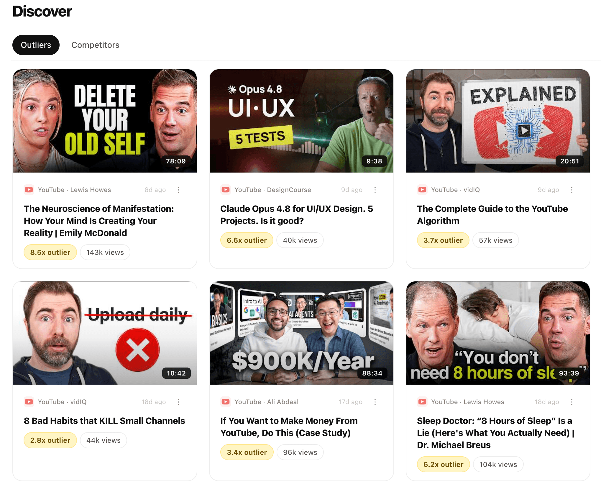 PrepVid Discover page showing recent YouTube outliers