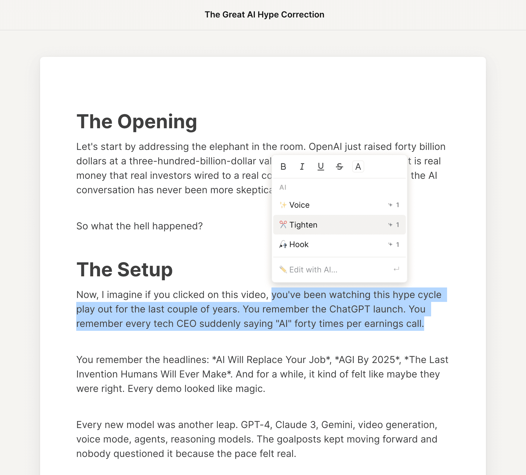PrepVid script editor with selected text and focused AI editing actions